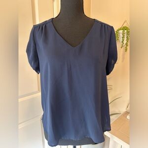 Lily White Womens Navy V Neck Blouse with Pinned Sleeves Size S